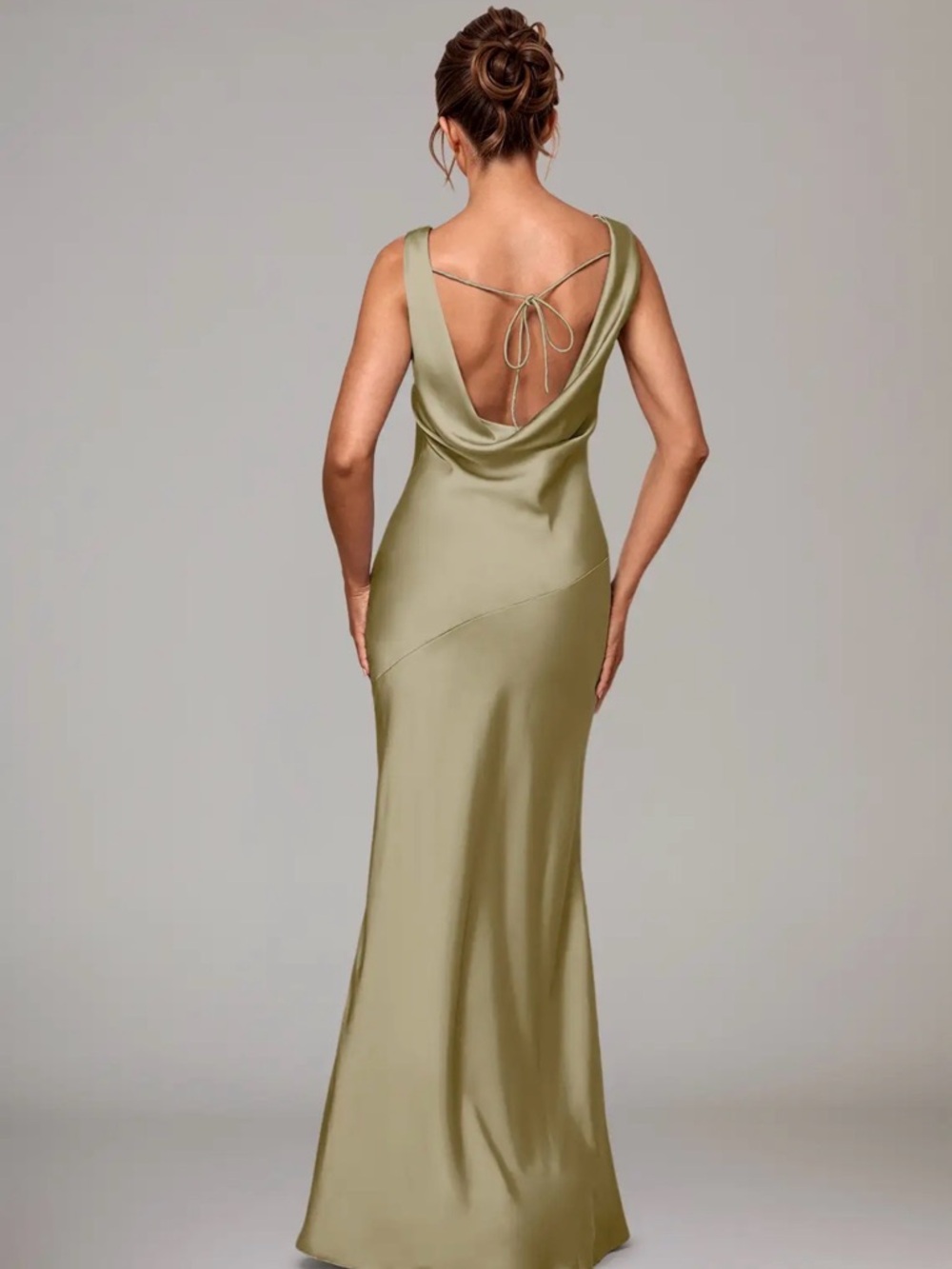 Azazie Moss Green Satin Cowl Neck Gown - Picture 2 of 3